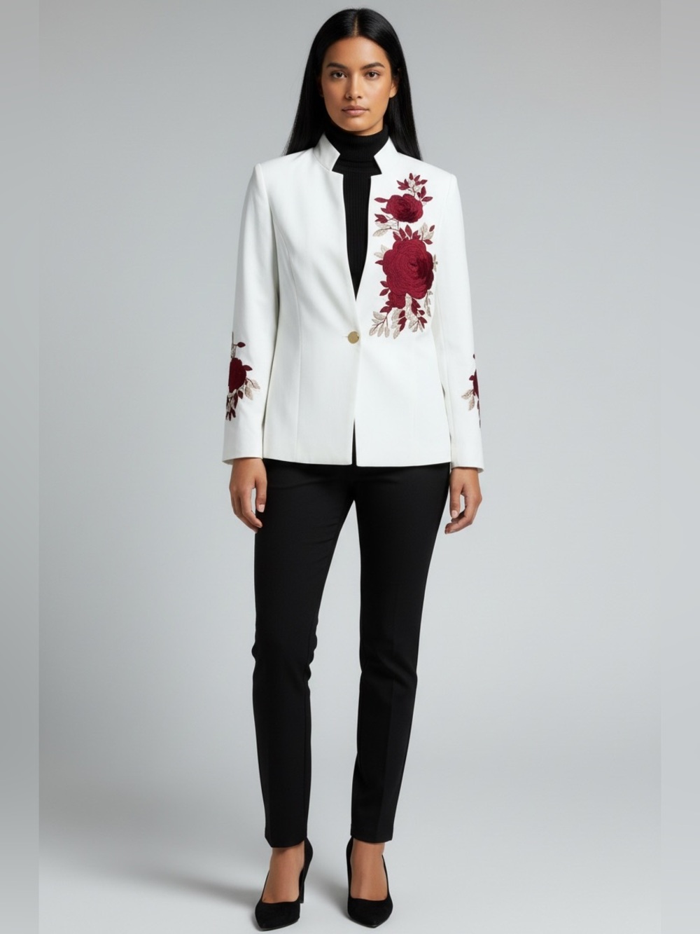 NWOT White Blazer with Red Floral Embroidery